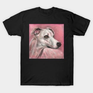 Painting of a Whippet Hound Dog on Grungy Pink Background T-Shirt